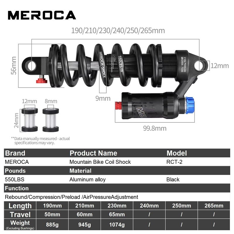 MEROCA Adjustable Air Spring Coil Over Shock Absorber for Mountain Bikes, 190-265mm, 550LBS Spring, Rebound, Compression, Preload, and Air Pressure (200-300 PSI) Fits MTB/Downhill/eBikes - Image 2