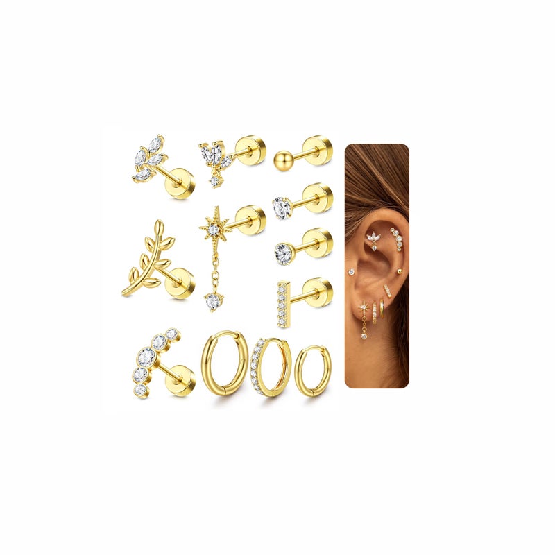 JeryWe 16G Cartilage Earrings for Women Flat Back Earrings Hypoallergenic Surgical Steel Small Flatback Stud Hoop Cartilage Earring Stacks Helix Conch Tragus Daith Piercing Jewelry 14K Gold Plated - Image 1