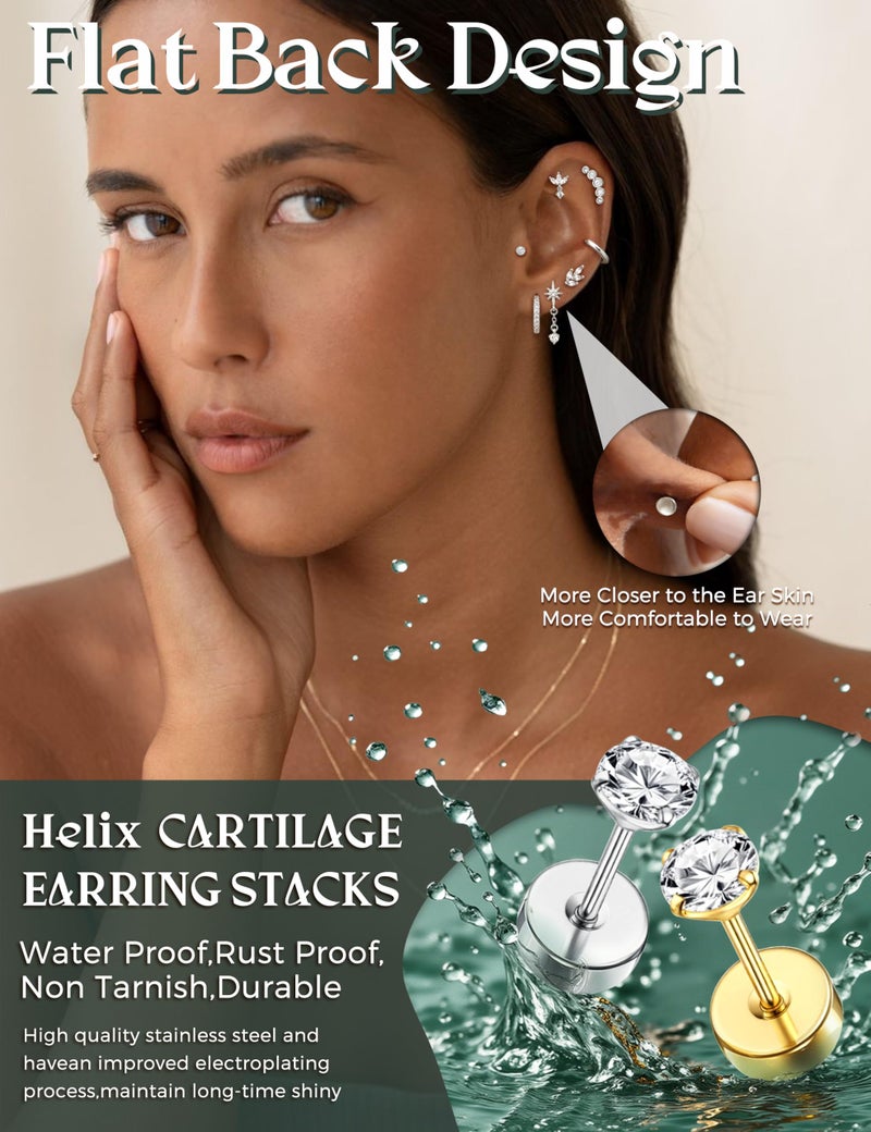 JeryWe 16G Cartilage Earrings for Women Flat Back Earrings Hypoallergenic Surgical Steel Small Flatback Stud Hoop Cartilage Earring Stacks Helix Conch Tragus Daith Piercing Jewelry 14K Gold Plated - Image 2
