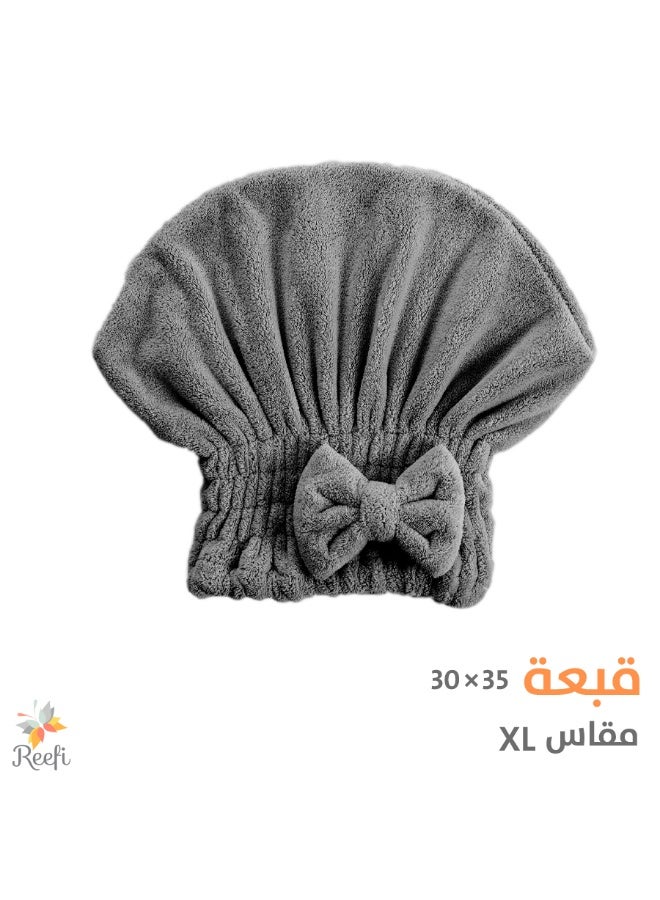 ريفي قبعة تنشيف شعر نسائية قطنية من ريفي مع فيونكة – مقاس XL 30×35 سم، منشفة شعر ناعمة وممتصة بعد الاستحمام – رمادي - Image 1