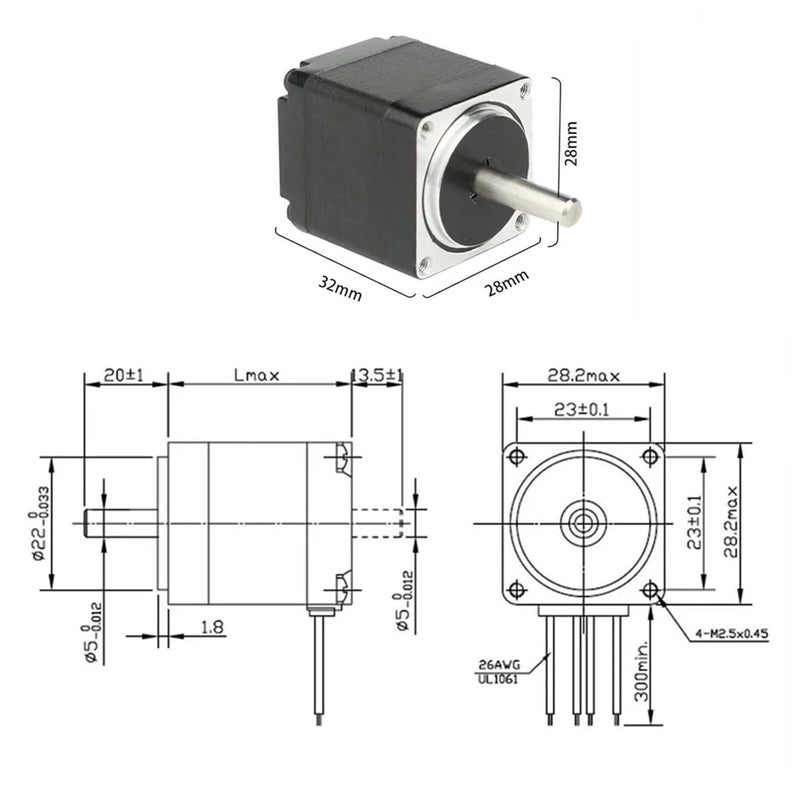 JK28HS32 0674 محرك خطوي 28 هجين ثنائي الطور 1.8 درجة 0.67A 6Ncm 28x32mm - Image 3