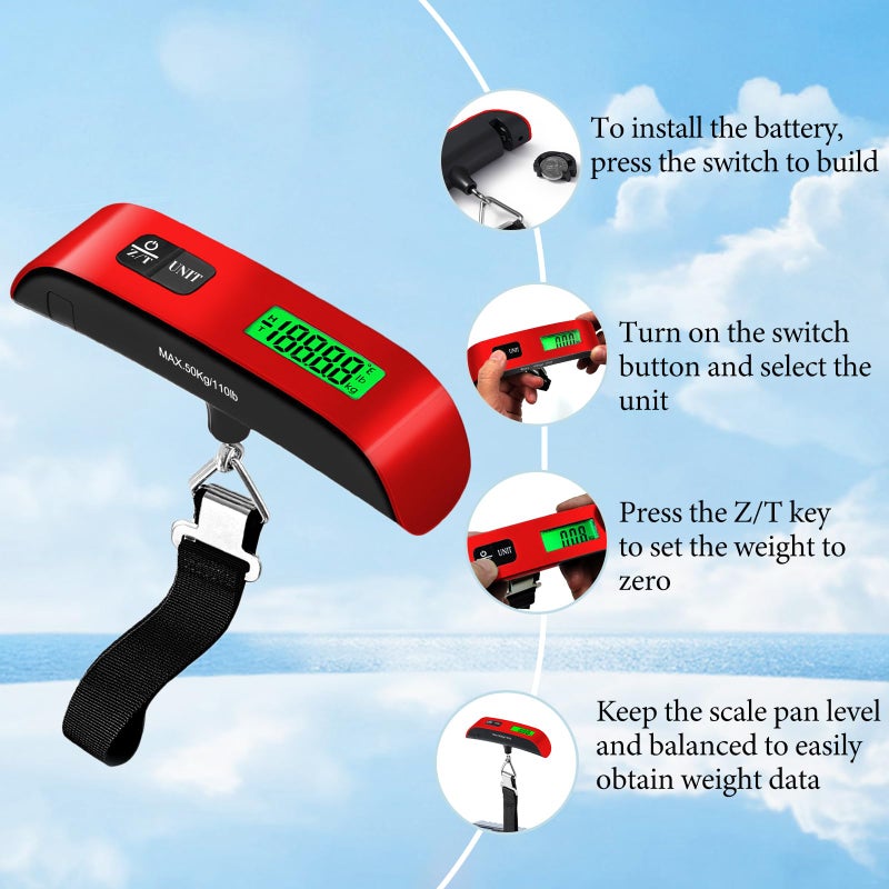 SOYOK Luggage Scale, 110lb Luggage Weight Scale with 4 Unit Switching Functions&LED Display, Luggage Scale Travel Digital for Weighing Luggage, Backpacks, Packages and Markets(Red) - Image 5