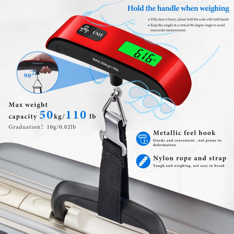SOYOK Luggage Scale, 110lb Luggage Weight Scale with 4 Unit Switching Functions&LED Display, Luggage Scale Travel Digital for Weighing Luggage, Backpacks, Packages and Markets(Red) - Image 4