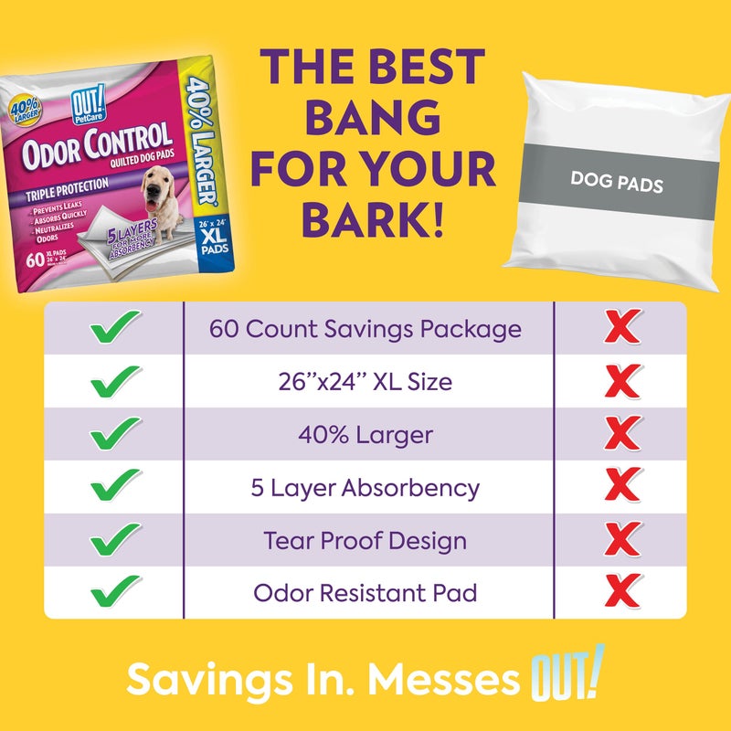 OUT أوت! وسادات تدريب الكلاب XL، وسادات كبيرة جداً للتحكم في الروائح، وسادات كبيرة جداً للتبول للكلاب، وسادات للتبول للكلاب والجراء، مقاومة للتسرب، آمنة، قابلة للتخلص، 26"x24، 60 عدداً - Image 2