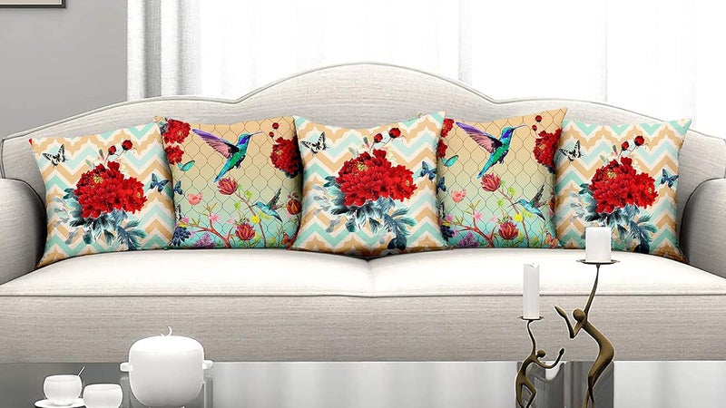 homewards Humming Bird and Floral Cushion Cover Set of 5 Poly Satin Size 16x16 inches - Image 1