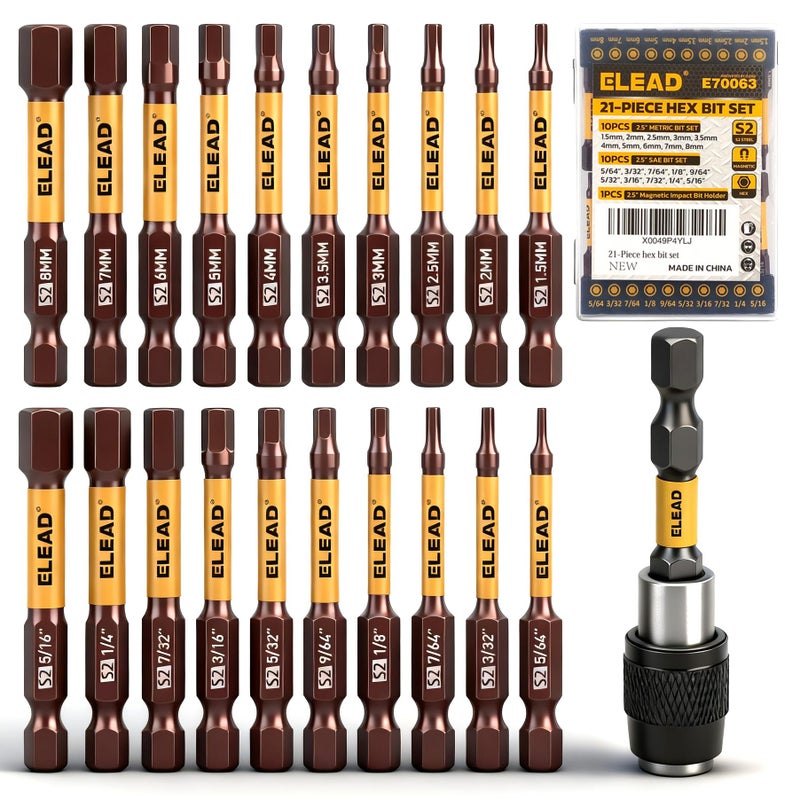 ELEAD 21-Piece 2.5" Allen-Wrench Hex Drill Bit Set, Durable Impact Allen Key Set, Long-Lasting Strong Magnetic Hex Screwdriver Bit Set, SAE & Metric Size, Mechanic Automotive Furniture DIY Home Repairs - Image 1