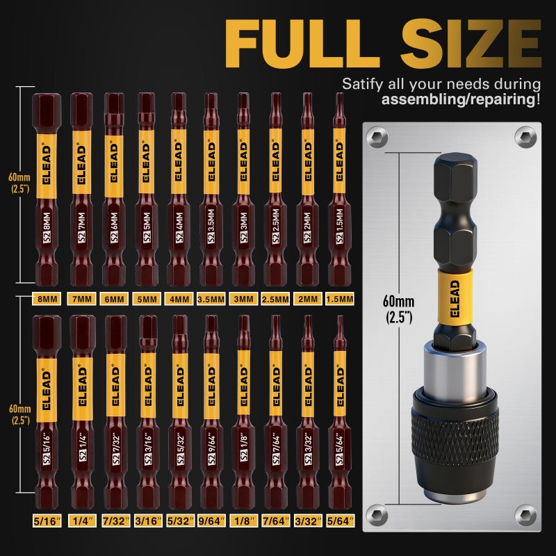 ELEAD 21-Piece 2.5" Allen-Wrench Hex Drill Bit Set, Durable Impact Allen Key Set, Long-Lasting Strong Magnetic Hex Screwdriver Bit Set, SAE & Metric Size, Mechanic Automotive Furniture DIY Home Repairs - Image 2