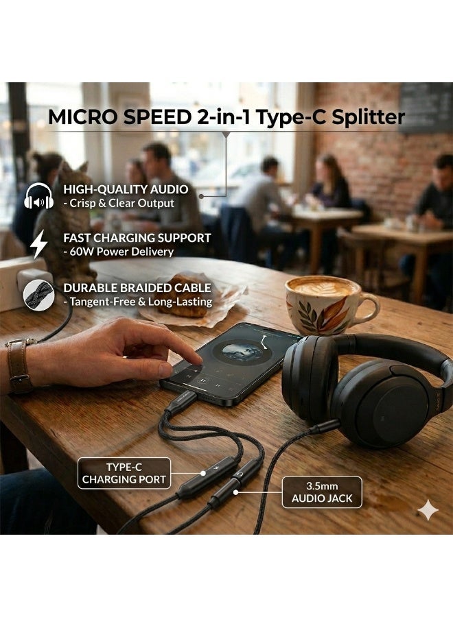 Micro Speed 2-in-1 Type-C to Type-C Charging and 3.5mm Audio Jack Adapter, High-Speed Pass-Through Charging & Hi-Res Audio Support for Smartphones - Black - Image 3