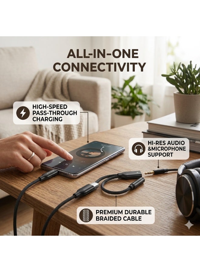Micro Speed 2-in-1 Type-C to Type-C Charging and 3.5mm Audio Jack Adapter, High-Speed Pass-Through Charging & Hi-Res Audio Support for Smartphones - Black - Image 4