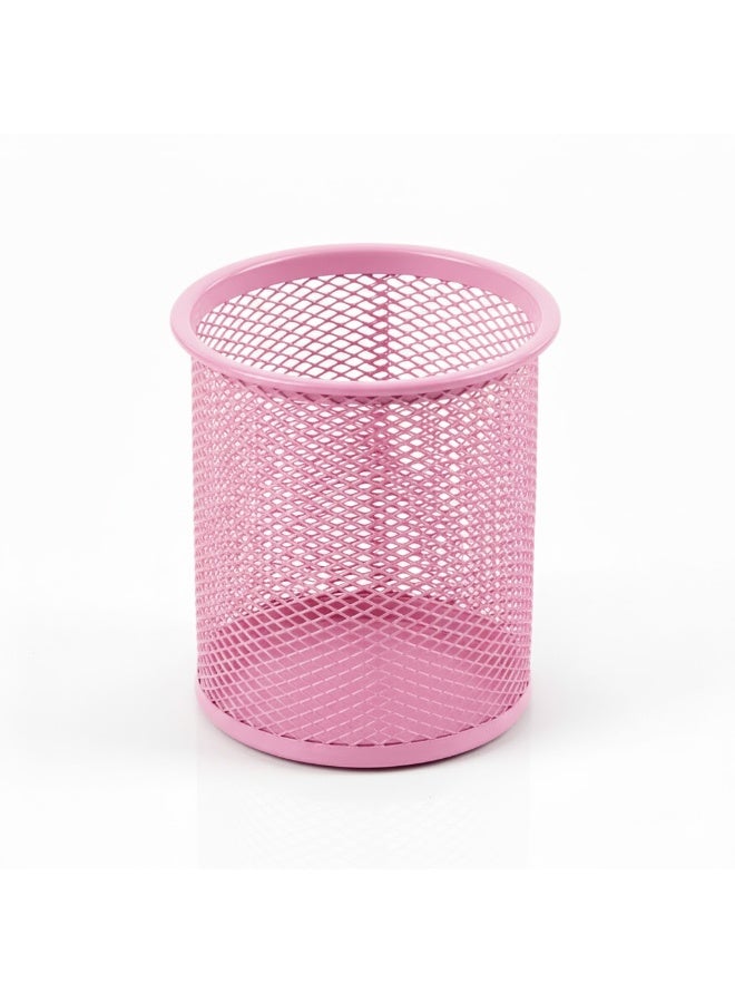 Round Mesh Metal Pen Holder – Pink – Stylish Desk Organizer - Image 1