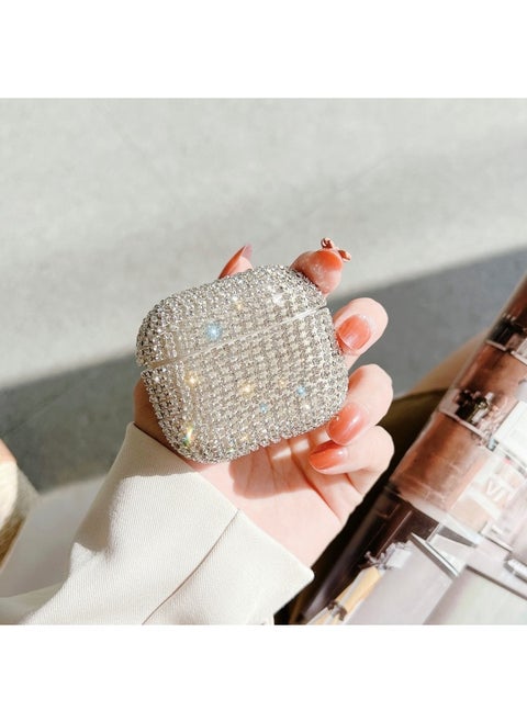 For Airpods Pro Headset Cover For Apple Rhinestone 1/2 Generation Bluetooth Headset With Sparkling Diamond Storage Shell 3 Generations-Color:Silver Rhinestone Earphone Set-Applicable Model:Airpods Pro2