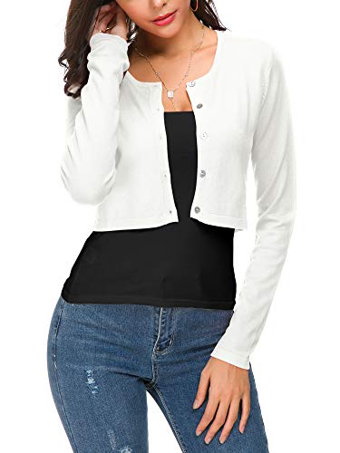 EXCHIC Women's Cropped Knit Cardigan Sweater Long Sleeve Button Down Open Front Bolero Shrug for Spring and Fall (L, White) - Image 3