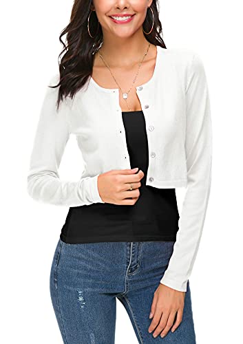 EXCHIC Women's Cropped Knit Cardigan Sweater Long Sleeve Button Down Open Front Bolero Shrug for Spring and Fall (L, White) - Image 1