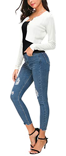 EXCHIC Women's Cropped Knit Cardigan Sweater Long Sleeve Button Down Open Front Bolero Shrug for Spring and Fall (L, White) - Image 5