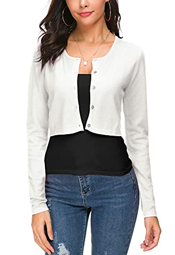 EXCHIC Women's Cropped Knit Cardigan Sweater Long Sleeve Button Down Open Front Bolero Shrug for Spring and Fall (L, White) - Image 2
