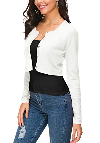 EXCHIC Women's Cropped Knit Cardigan Sweater Long Sleeve Button Down Open Front Bolero Shrug for Spring and Fall (L, White) - Image 4