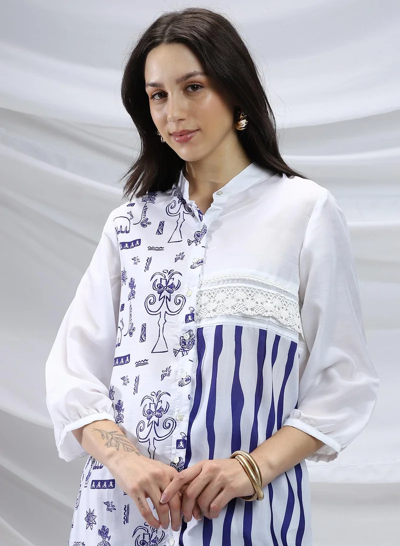QISSA Qissa Women's Navy Blue Striped Block Print Kurti With Trousers For Casual Wear | Mandarin Collar | Long Sleeves | 2 Piece Kurta Set Designed With Comfort Fit For Everyday Ethnic Wear