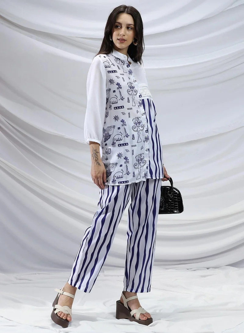 QISSA Qissa Women's Navy Blue Striped Block Print Kurti With Trousers For Casual Wear | Mandarin Collar | Long Sleeves | 2 Piece Kurta Set Designed With Comfort Fit For Everyday Ethnic Wear