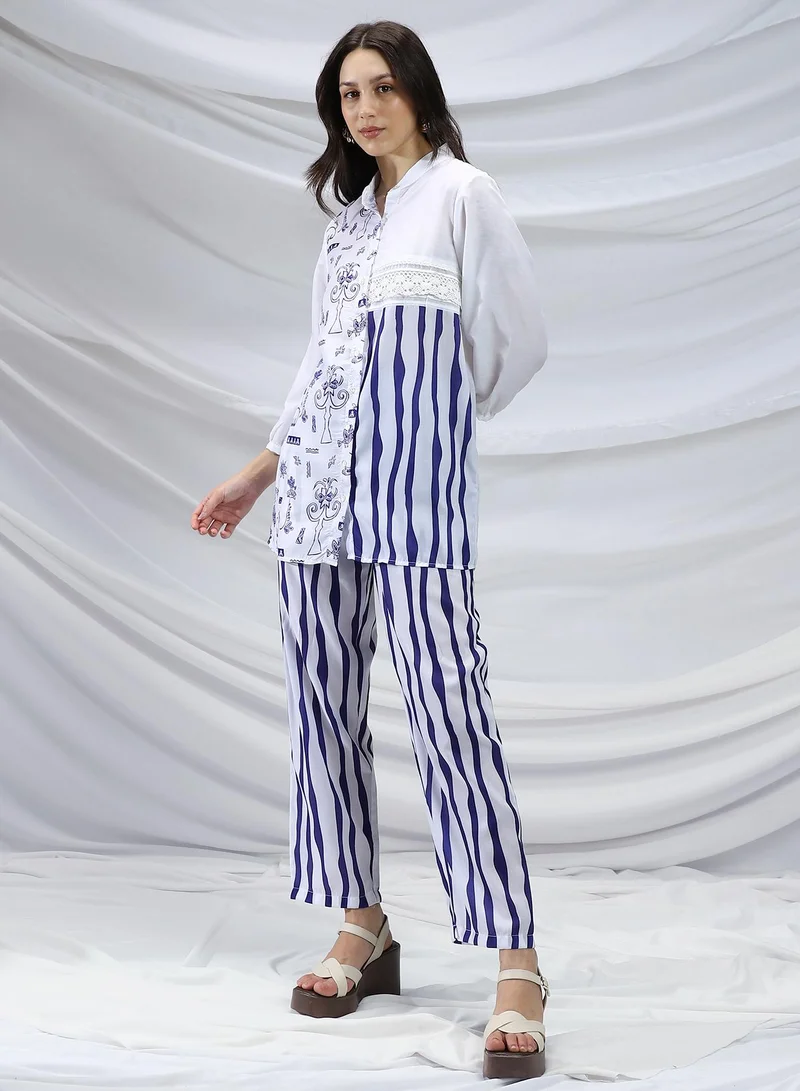 QISSA Qissa Women's Navy Blue Striped Block Print Kurti With Trousers For Casual Wear | Mandarin Collar | Long Sleeves | 2 Piece Kurta Set Designed With Comfort Fit For Everyday Ethnic Wear