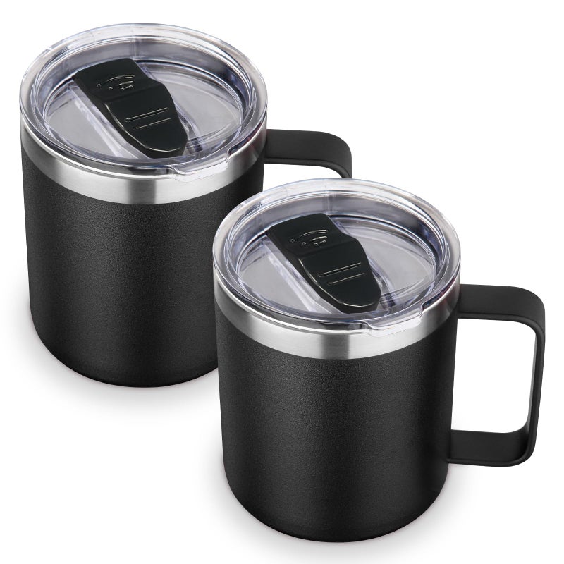 Volhoply 14oz Insulated Stainless Steel Coffee Mug with Lid Bulk 2 PackDouble Wall Vacuum Travel Coffee Cup with HandleReusable Cups TumblerCamping Mugs Keep HotIdeal GiftsBlack2 Set - Image 2