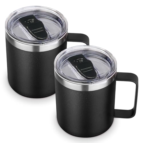 Volhoply 14oz Insulated Stainless Steel Coffee Mug with Lid Bulk 2 PackDouble Wall Vacuum Travel Coffee Cup with HandleReusable Cups TumblerCamping Mugs Keep HotIdeal GiftsBlack2 Set - Image 1