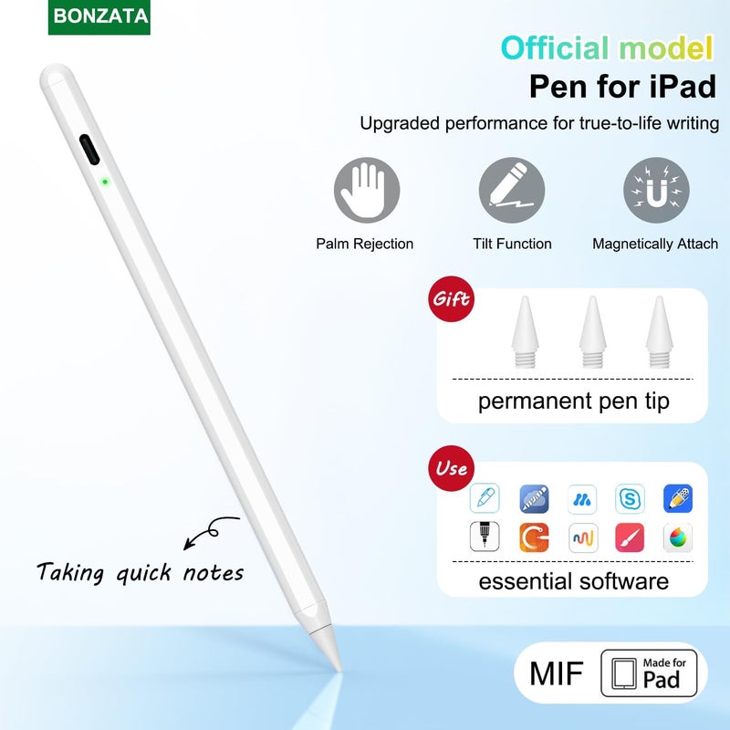 قلم ستايلس برو لأجهزة iPad 2018-2024، الجيل الثاني من قلم iPencil لأجهزة iPad مع رفض راحة اليد وحساسية الميل، قلم لأجهزة iPad 10/9/8/7/6، iPad Mini 6/5، iPad Air 5/4/3، Pro 11/12.9 بوصة - Image 4