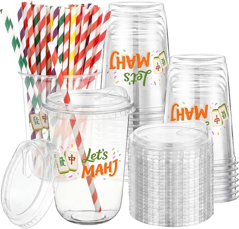 LemonRoad 50 Sets Mahj Clear Plastic Cups with Lids & Straws 16 oz Mahj Party Tumblers for Iced Coffee, Smoothies, Juice & More Cute Disposable Pet Mugs for Birthdays & Gatherings - Image 1