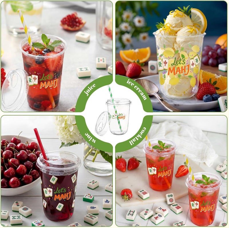 LemonRoad 50 Sets Mahj Clear Plastic Cups with Lids & Straws 16 oz Mahj Party Tumblers for Iced Coffee, Smoothies, Juice & More Cute Disposable Pet Mugs for Birthdays & Gatherings - Image 5