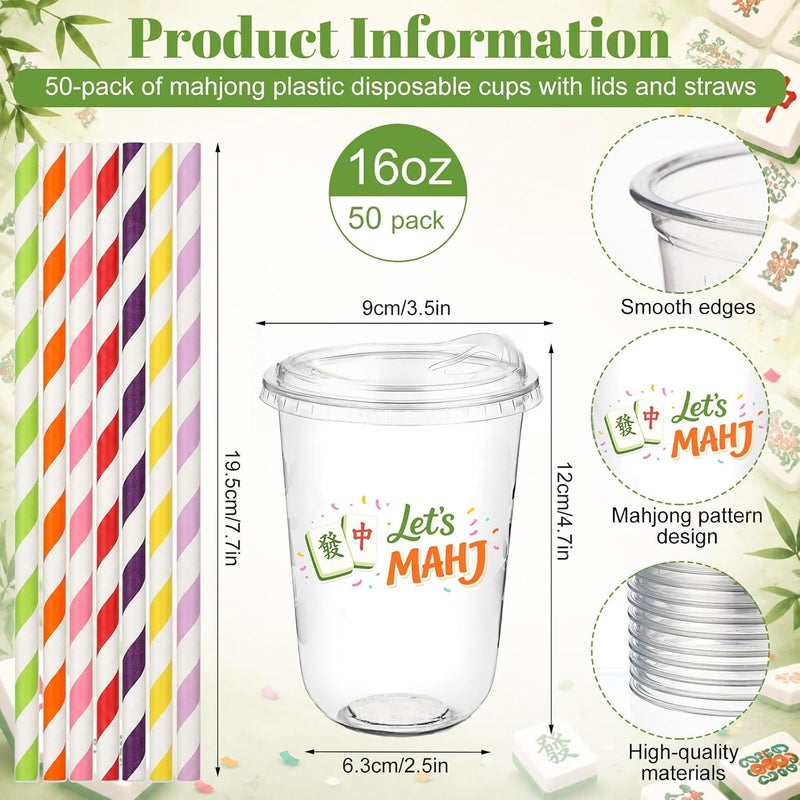 LemonRoad 50 Sets Mahj Clear Plastic Cups with Lids & Straws 16 oz Mahj Party Tumblers for Iced Coffee, Smoothies, Juice & More Cute Disposable Pet Mugs for Birthdays & Gatherings - Image 2