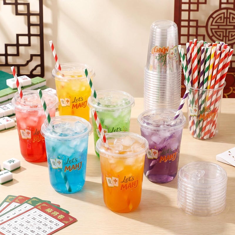 LemonRoad 50 Sets Mahj Clear Plastic Cups with Lids & Straws 16 oz Mahj Party Tumblers for Iced Coffee, Smoothies, Juice & More Cute Disposable Pet Mugs for Birthdays & Gatherings - Image 3