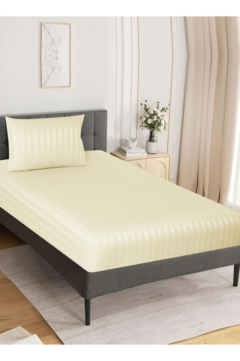 Donetella 2-Piece Striped Bedding Set – Single Fitted Sheet 90x200+30 cm with All-Around Elastic &amp; 1 Matching Pillowcases