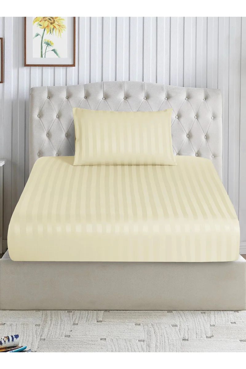 Donetella 2-Piece Striped Bedding Set – Single Fitted Sheet 90x200+30 cm with All-Around Elastic &amp; 1 Matching Pillowcases