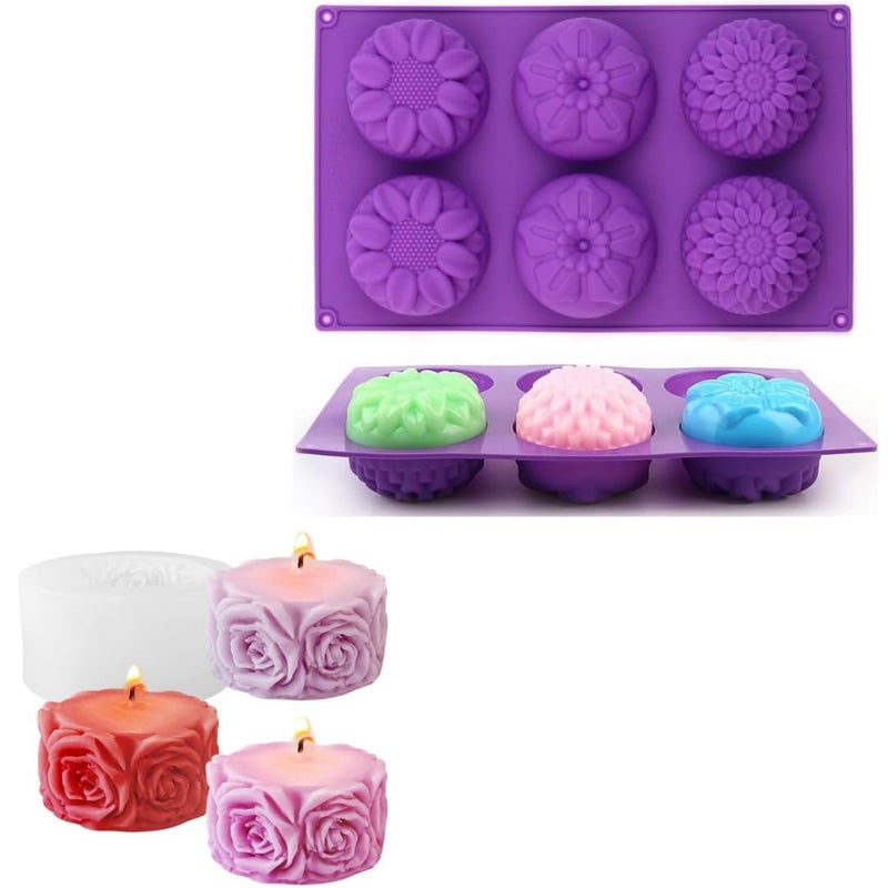 Skytail Rose Column 6 Slot Round Dome Mixed Flower Shape Silicone Moulds for Making Hot Chocolate Bomb Cake Muffin Cupcake Jelly Jello Ice Cream Dessert Soap Candle Wax Resin Art Paper Weight