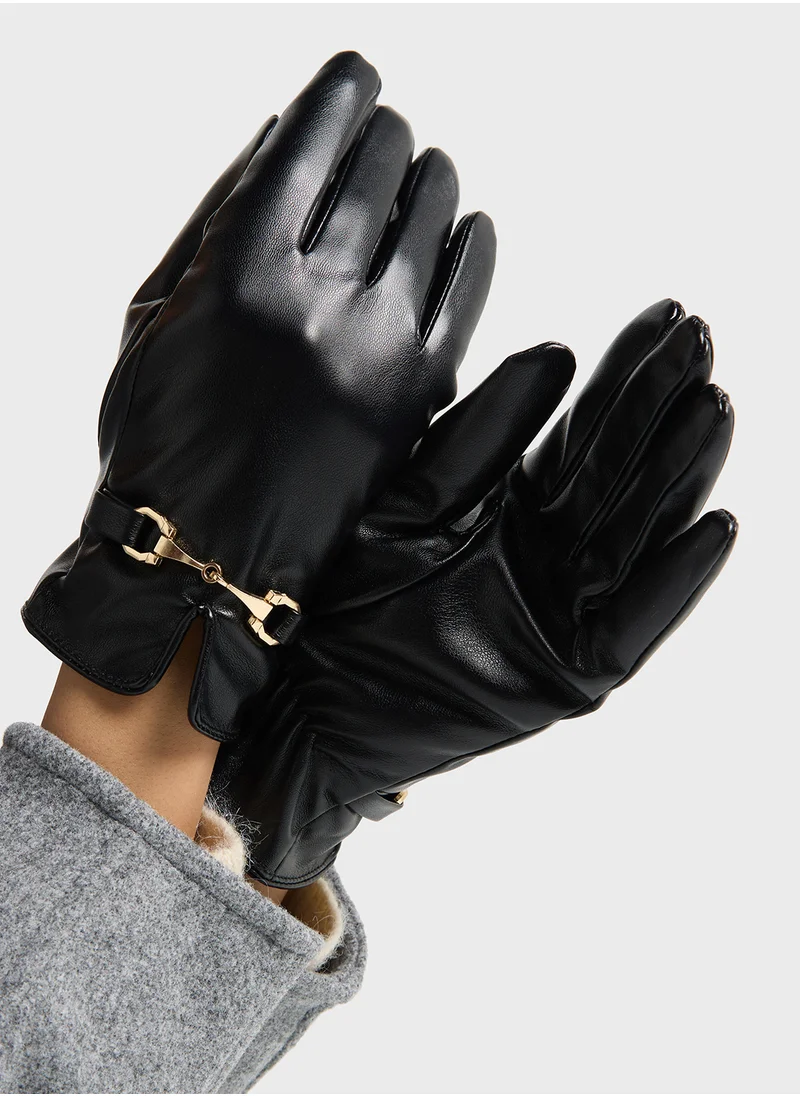 ELLA Faux Leather Metal Trim Detail Winter Glove