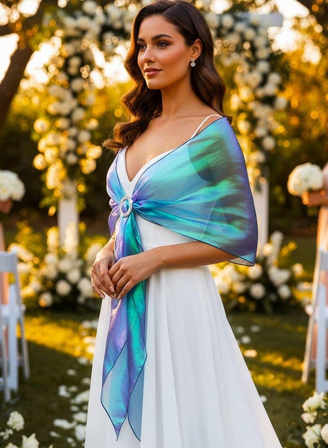 إيز ديلي شالات وأوشحة نسائية من إيز ديلي لفساتين السهرة، وشاح زفاف شفاف لامع باللونين البنفسجي والأخضر مع مشبك مرصع بأحجار الراين (بنفسجي وأخضر) - Image 4