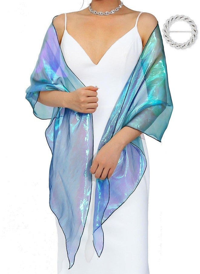 إيز ديلي شالات وأوشحة نسائية من إيز ديلي لفساتين السهرة، وشاح زفاف شفاف لامع باللونين البنفسجي والأخضر مع مشبك مرصع بأحجار الراين (بنفسجي وأخضر) - Image 1