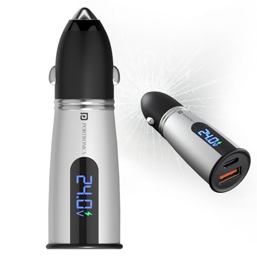 Portronics Car Power Armour 55.5W Fast Car Charger with Emergency Glass Breaker, 33W Type-C PD, 22.5W USB-A Port, LED Display for Voltage Monitoring, for Smartphones, iPhones, Tablets, Earbuds & More - Image 1