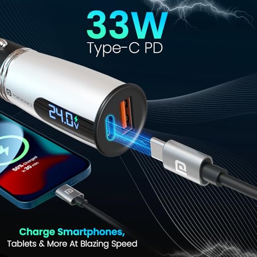 Portronics Car Power Armour 55.5W Fast Car Charger with Emergency Glass Breaker, 33W Type-C PD, 22.5W USB-A Port, LED Display for Voltage Monitoring, for Smartphones, iPhones, Tablets, Earbuds & More - Image 3