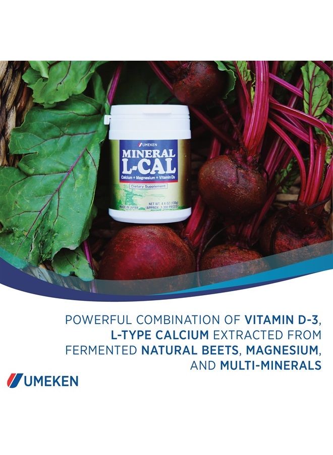 umeken Mineral L-Cal Supplement, Small Bottle, 2 Month Supply, Enriched with Magnesium, Vitamin D3 and Minerals, 130g, 1300 Balls (Pack of 1) - Image 1