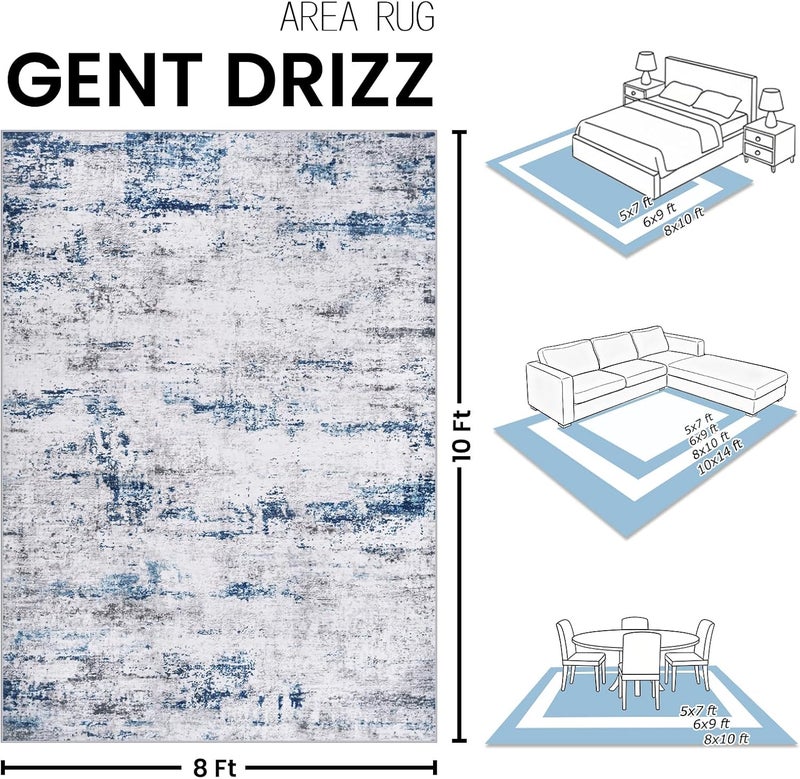 Gent drizz سجادات المناطق لغرفة المعيشة: سجادة كبيرة مقاس 8x10، ناعمة، ذات تصميم معاصر ومجرد، مزودة بطبقة خلفية مطاطية غير زلقة لوضعها تحت طاولة الطعام، مناسبة لغرفة النوم، المكتب، أو المنزل الريفي، بألوان الأبيض والرمادي والأزرق. - Image 2