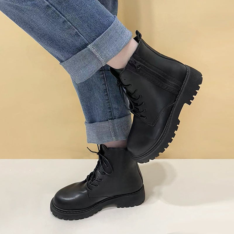 British Mid-Calf Boots Boots Classic Black Handsome Short Boots Pu Front Lace-Up Round Toe Low Heel Thick-Soled Single Boots - Image 5