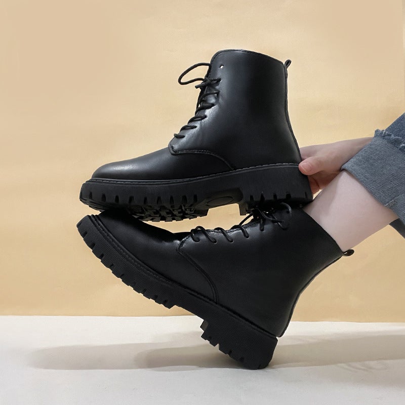 British Mid-Calf Boots Boots Classic Black Handsome Short Boots Pu Front Lace-Up Round Toe Low Heel Thick-Soled Single Boots - Image 2