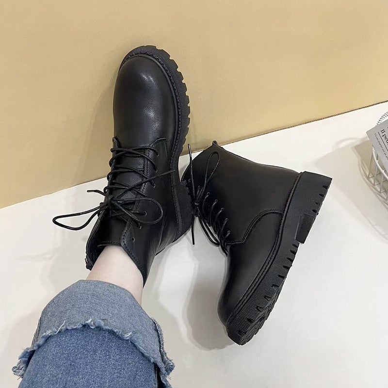 British Mid-Calf Boots Boots Classic Black Handsome Short Boots Pu Front Lace-Up Round Toe Low Heel Thick-Soled Single Boots - Image 3