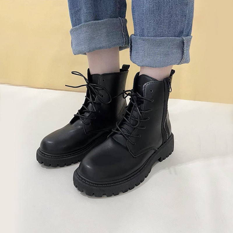 British Mid-Calf Boots Boots Classic Black Handsome Short Boots Pu Front Lace-Up Round Toe Low Heel Thick-Soled Single Boots - Image 4