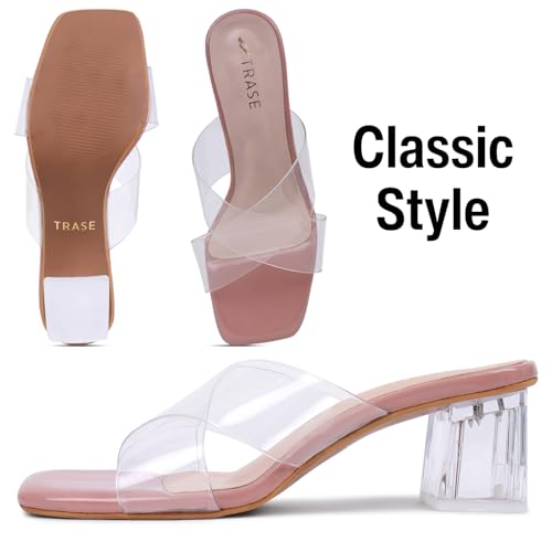 TRASE Transparent Cross Strap Block Heels for Women Stylish | Fashionable Heel Sandals for Girls | Elegant & Formal Footwear (Peach, 8 UK) - Image 4