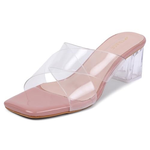 TRASE Transparent Cross Strap Block Heels for Women Stylish | Fashionable Heel Sandals for Girls | Elegant & Formal Footwear (Peach, 8 UK) - Image 1