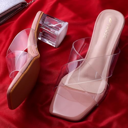 TRASE Transparent Cross Strap Block Heels for Women Stylish | Fashionable Heel Sandals for Girls | Elegant & Formal Footwear (Peach, 8 UK) - Image 5