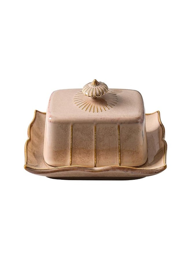 WAIT FLY Vintage Ceramic Butter Dish with Lid for Kitchen Countertop, Home Decorative-Khaki-1 PCS - Image 1