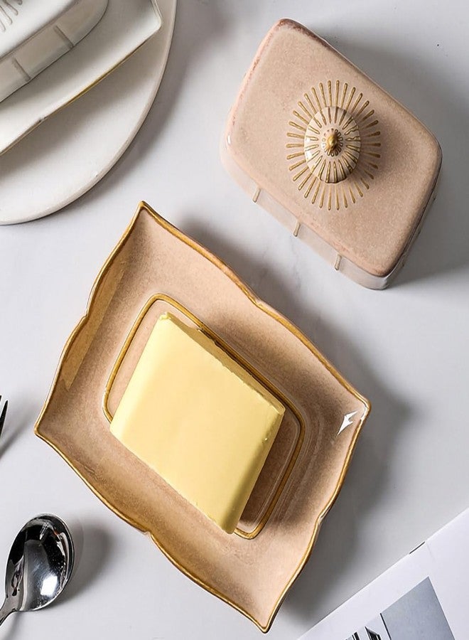 WAIT FLY Vintage Ceramic Butter Dish with Lid for Kitchen Countertop, Home Decorative-Khaki-1 PCS - Image 3
