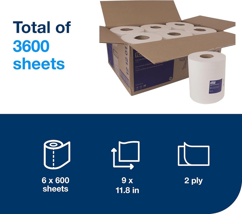 Tork Basic Centerfeed Paper Wiper White M2, High Absorbency, 6 x 600 Sheets, 121201 - Image 2